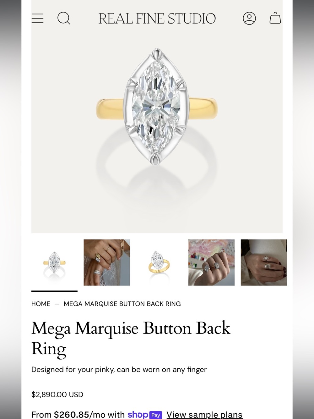 Real Fine Studio Mega Marquise Button Back Ring Size 3 Pinky Ring - Picture 15 of 15